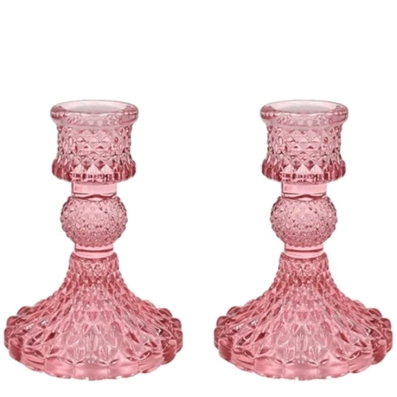 Set 2 Berry Pink Faceted Glass Candlesticks Crystal Candle Holders Vintage Style - Picture 9 of 9